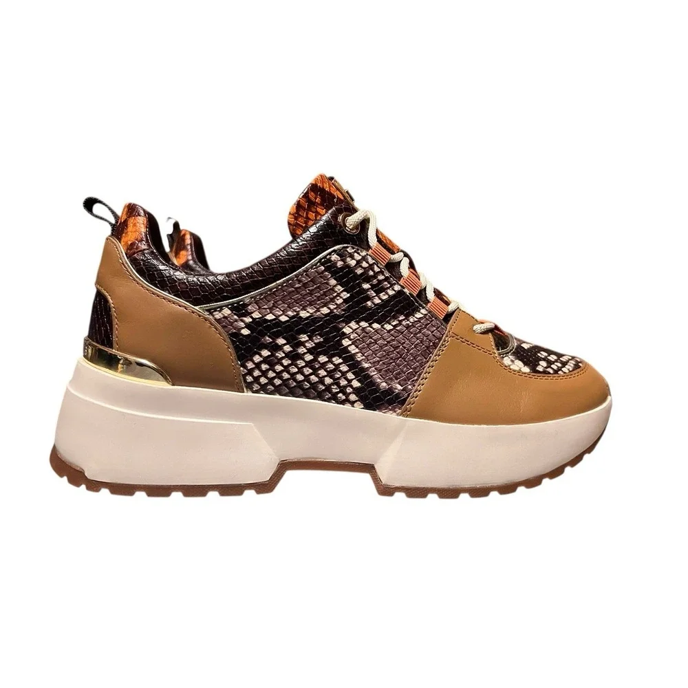 NWB Michael Kors Cosmo Woman's Sneakers Animal Snake Print Brown Gold Tan Sz‎ 9